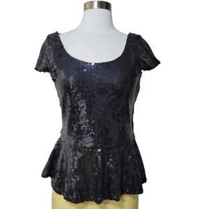 JS Boutique Women's Black Sequin Peplum Blouse Top Sequin Cap Sleeves Small